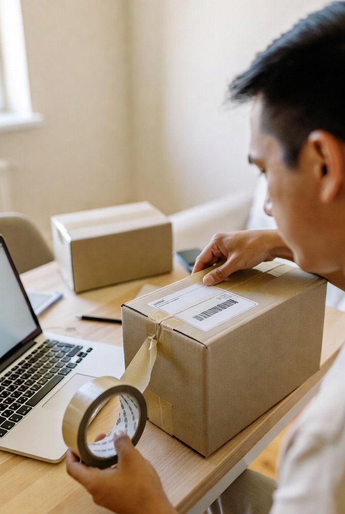 Seller packing a shipment box